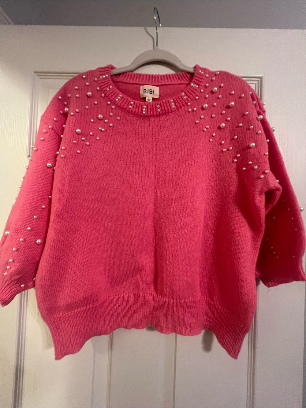 BiBi Hot Pink Pearl-Accent Crewneck Sweater